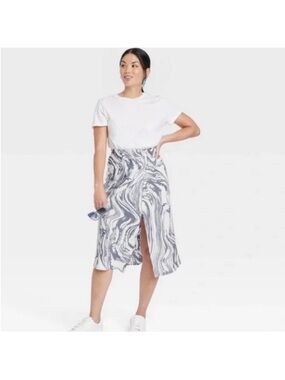 A New Day Marble-Print Midi Skirt in White & Blue with Front Slit